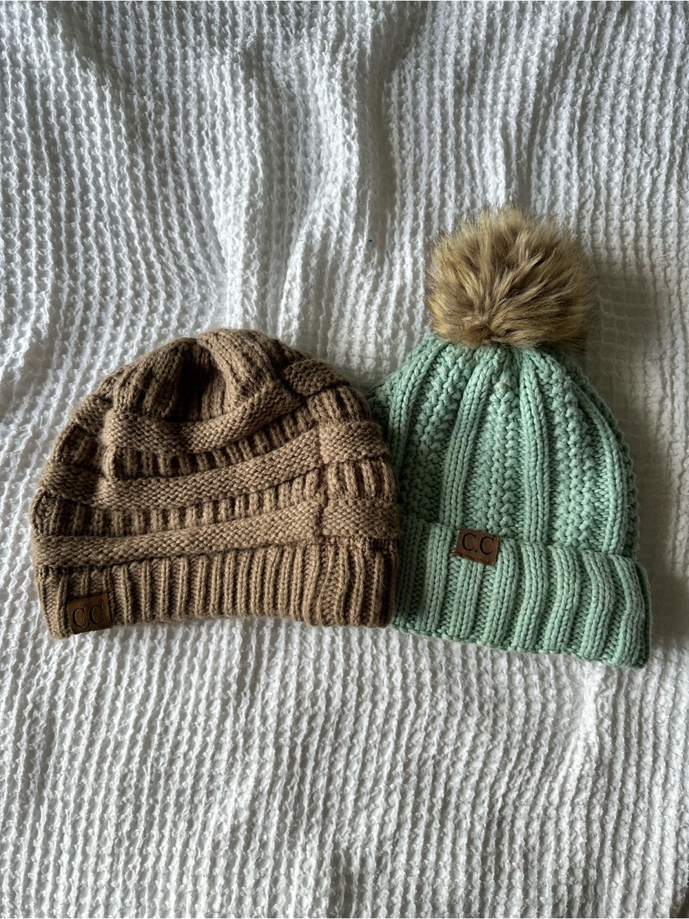 C.C Beanie Bundle Women’s Knit Winter Hats Tan Mint Pom Pom Cable Knit